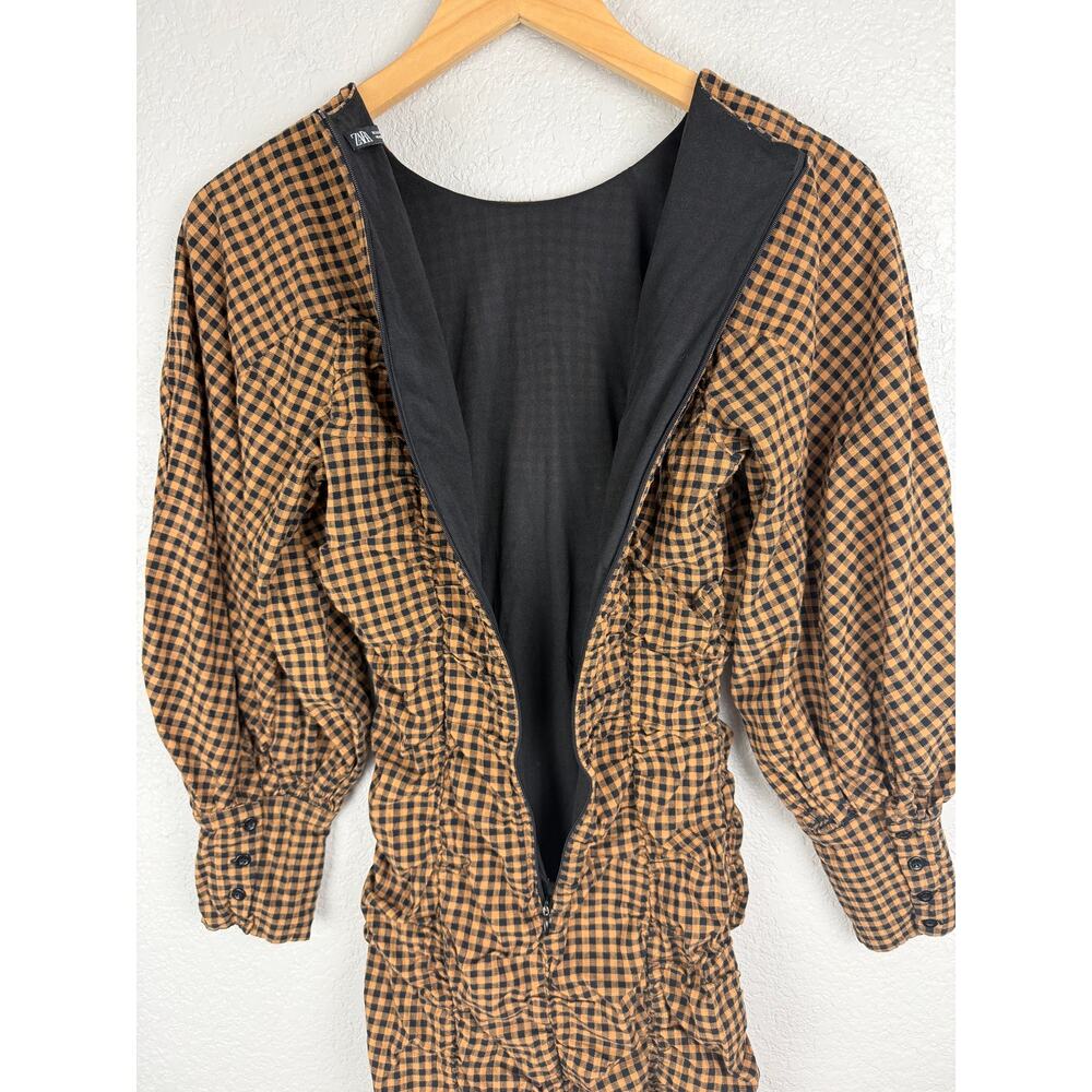 Zara Plaid Puff Sleeve Bodycon Mini Dress S Brown Ruched Balloon Sleeve Draped - Picture 7 of 10